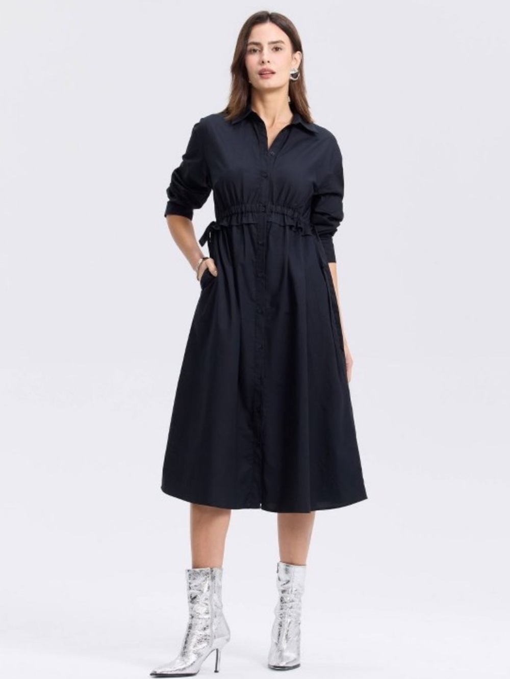 A New Day Women's Long Sleeve Midi Shirtdress 
Black XL NWT